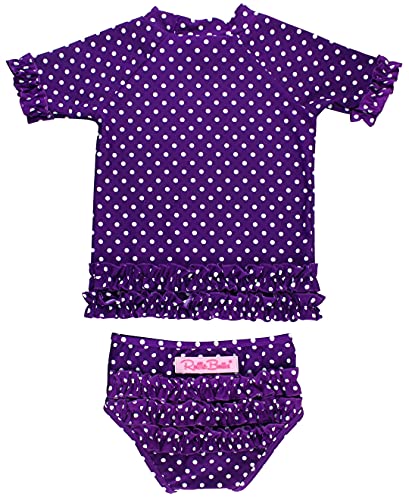 RuffleButts® Girls Rash Guard 2-Piece Swimsuit Set - Purple Polka Dot Bikini with UPF 50+ Sun Protection - 4T