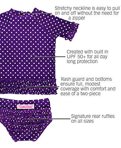 RuffleButts® Girls Rash Guard 2-Piece Swimsuit Set - Purple Polka Dot Bikini with UPF 50+ Sun Protection - 4T