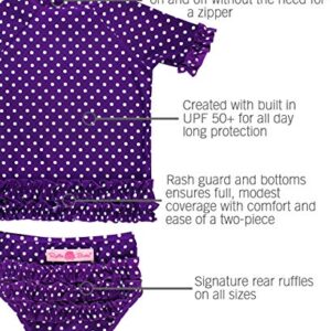 RuffleButts® Girls Rash Guard 2-Piece Swimsuit Set - Purple Polka Dot Bikini with UPF 50+ Sun Protection - 4T