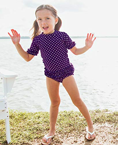 RuffleButts® Girls Rash Guard 2-Piece Swimsuit Set - Purple Polka Dot Bikini with UPF 50+ Sun Protection - 4T