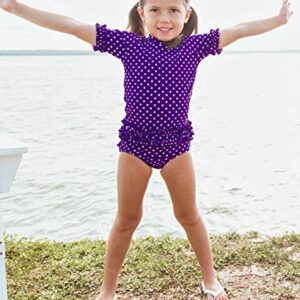 RuffleButts® Girls Rash Guard 2-Piece Swimsuit Set - Purple Polka Dot Bikini with UPF 50+ Sun Protection - 4T