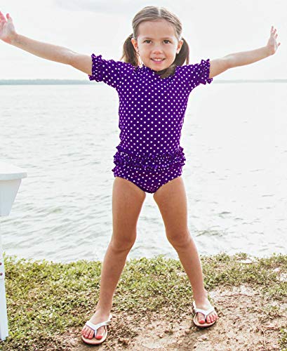 RuffleButts® Girls Rash Guard 2-Piece Swimsuit Set - Purple Polka Dot Bikini with UPF 50+ Sun Protection - 4T