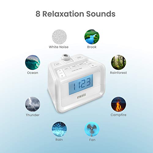 Homedics Sound Machine and Alarm Clock with Time Projection. White Noise Sound Machine with a Digital FM Alarm Clock Radio, 8 Sounds, Snooze, Sleep Timer and Night Light