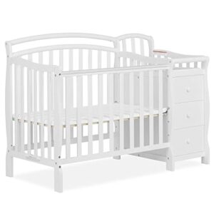 dream on me casco 3-in-1 mini crib and changing table in white, convertible crib, made of pinewood, three position adjustable mattress height settings