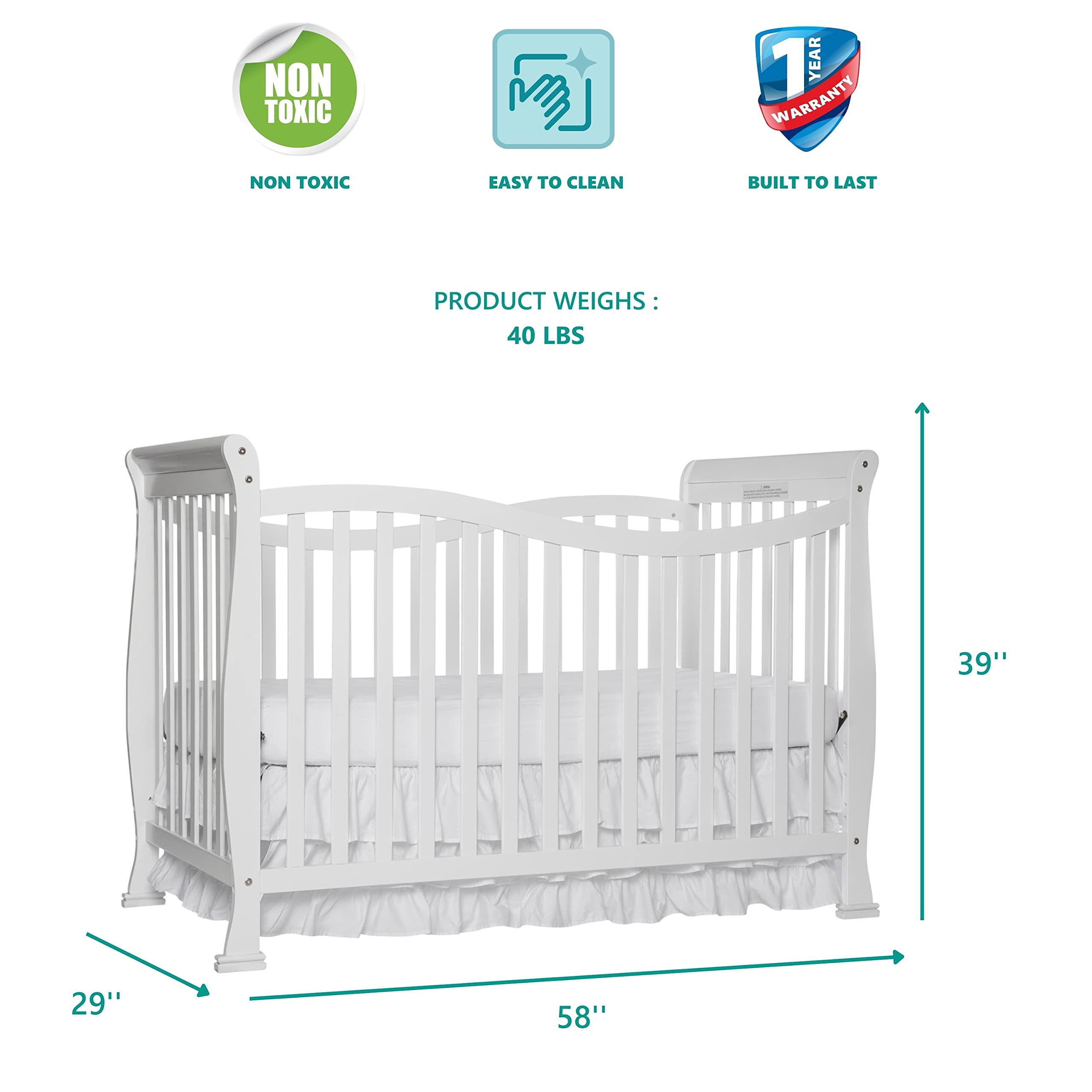 Dream On Me Violet 7-In-1 Convertible Life Style Crib In White, Greenguard Gold Certified, 4 Mattress Height Settings, Made Of Sustainable New Zealand Pinewood