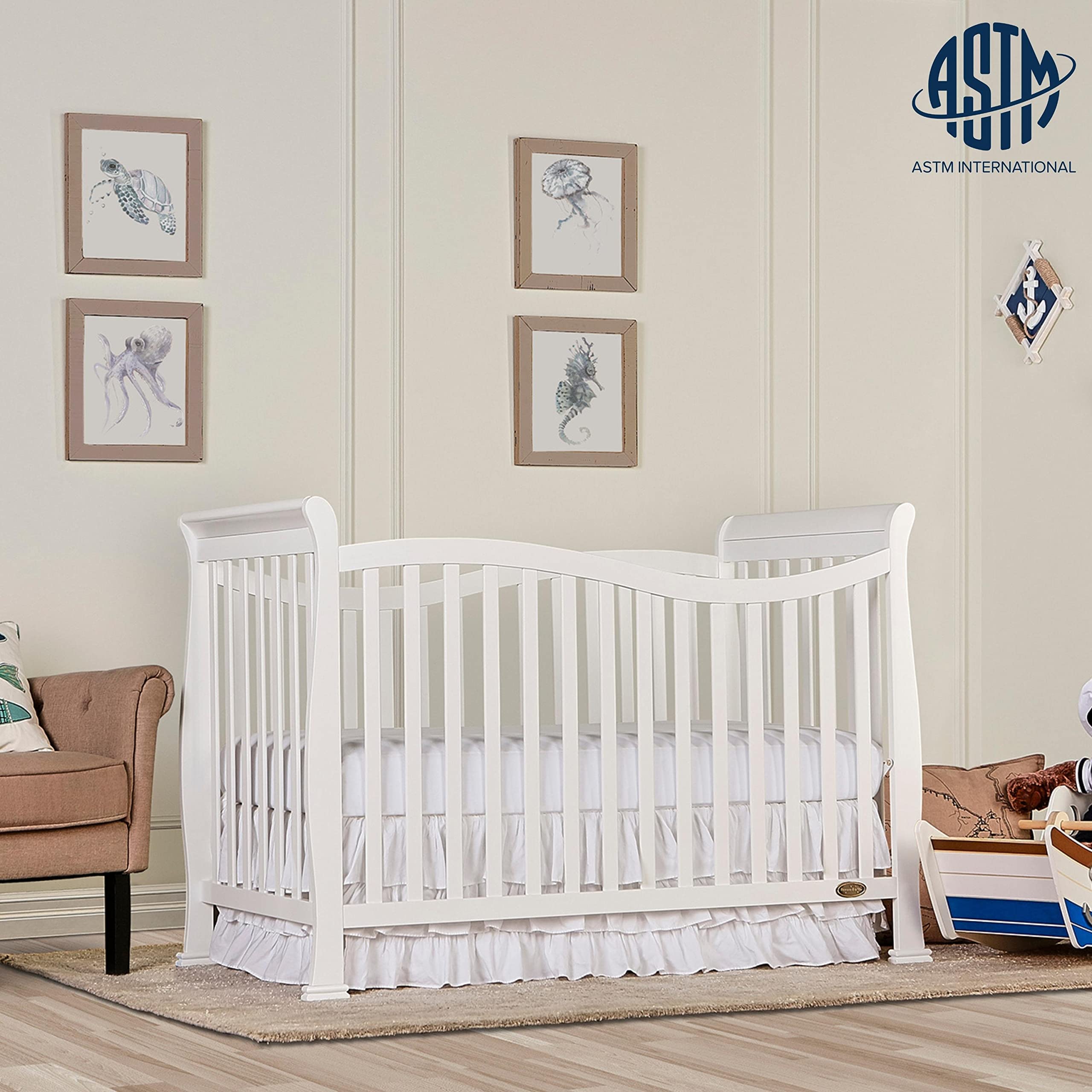 Dream On Me Violet 7-In-1 Convertible Life Style Crib In White, Greenguard Gold Certified, 4 Mattress Height Settings, Made Of Sustainable New Zealand Pinewood