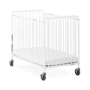 foundations chelsea slatted metal evacuation crib, compact mini size, oversized casters, white