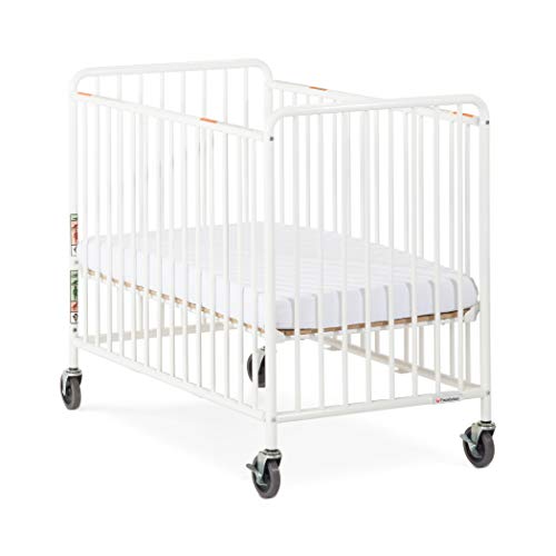 Foundations Chelsea Slatted Metal Evacuation Crib, Compact Mini Size, Oversized Casters, White