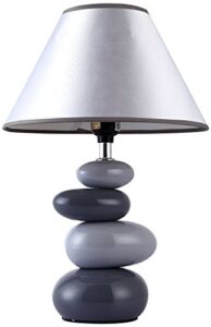 simple designs lt3052-gry 14.7" shades of gray ceramic stacked stone standard table lamp with fabric shade for home décor, nightstand, end table, bedroom, living room, office, foyer, gray