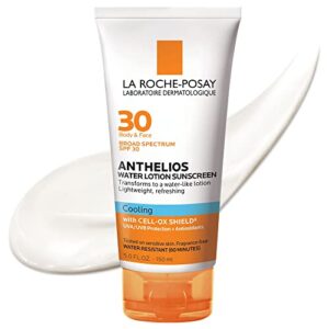 la roche-posay anthelios cooling water lotion sunscreen for body and face, broad spectrum sunscreen spf, absorbs quickly, water resistant every day sun protection for sensitive skin