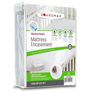 guardmax crib mattress protector waterproof - zippered proof encasement cover for baby & toddler - breathable and noiseless fabric (crib size - 28x52x6)