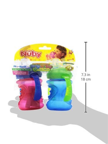 Nuby Plastic 2-Pack No-Spill Super Spout Grip N' Sip Cup, Red and Blue