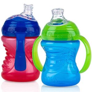 nuby plastic 2-pack no-spill super spout grip n' sip cup, red and blue