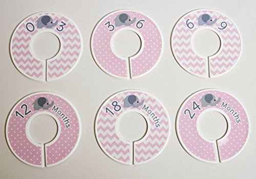 6 Baby Girl Nursery Clothing Size Closet Dividers Pink Elephant (1.25 Inch Rod)