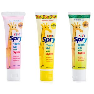 Spry All Natural Kids Fluoride Free Toothpaste Tooth Gel with Xylitol, Age 3 Months and Up Kids Toothpaste, Original, Bubblegum, Strawberry Banana, 2 Fl Oz (Pack of 3)