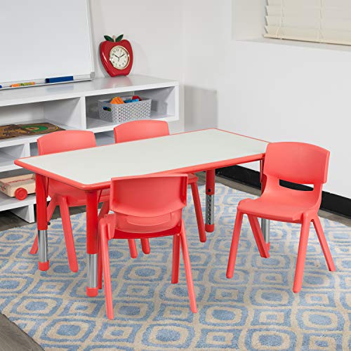 Flash Furniture Emmy 23.625''W x 47.25''L Rectangular Red Plastic Height Adjustable Activity Table Set with 4 Chairs