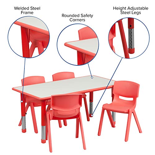 Flash Furniture Emmy 23.625''W x 47.25''L Rectangular Red Plastic Height Adjustable Activity Table Set with 4 Chairs