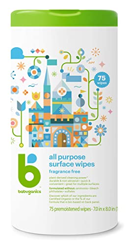 Babyganics All Purpose Surface Wipes, Fragrance Free, 75 Count (Pack of 2), Plant Based and Non-Abrasive, No Ammonia, No Bleach