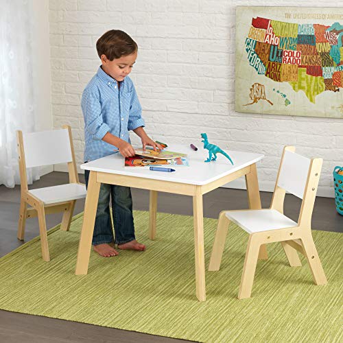 KidKraft Wooden Modern Table & 2 Chair Set, Children's Furniture, White & Natural, Gift for Ages 3-8, 23.6 x 23.6 x 19
