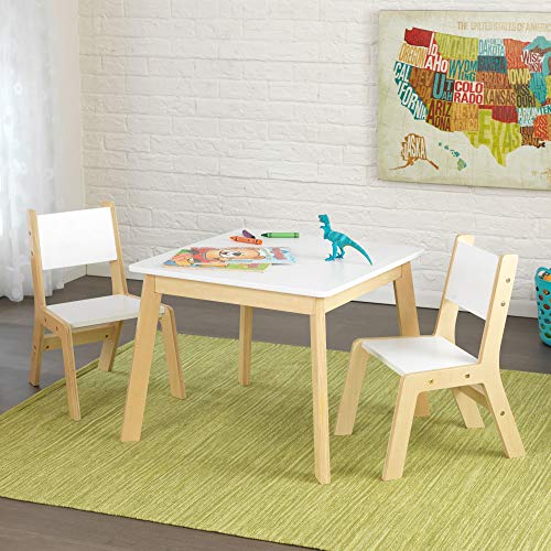 KidKraft Wooden Modern Table & 2 Chair Set, Children's Furniture, White & Natural, Gift for Ages 3-8, 23.6 x 23.6 x 19