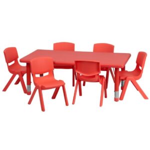 Flash Furniture 24''W x 48''L Rectangular Red Plastic Height Adjustable Activity Table Set with 6 Chairs