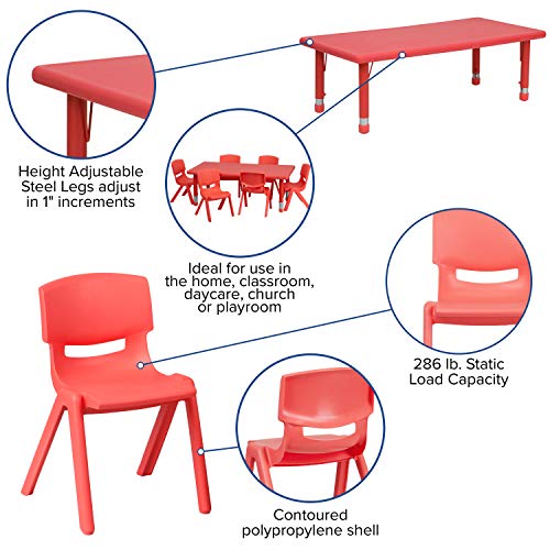 Flash Furniture 24''W x 48''L Rectangular Red Plastic Height Adjustable Activity Table Set with 6 Chairs