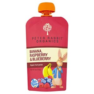 peter rabbit organics, organic raspberry, banana and blueberry 100% pure fruit snack, 4 oz. squeeze pouches (pack of 10)
