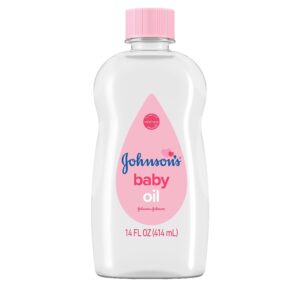 johnson's baby oil, pure mineral oil to help prevent moisture loss for baby, kids & adults, gentle & soothing baby massage oil for dry skin relief, original scent, 14 fl. oz