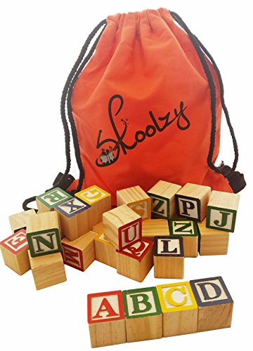 Skoolzy ABC Wooden Blocks for Toddlers 30 Wood Alphabet Blocks Montessori Stacking Letter Preschool Learning Toys Develop Language Skills Boys and Girls Ages 2+ Includes eBook & Storage Bag