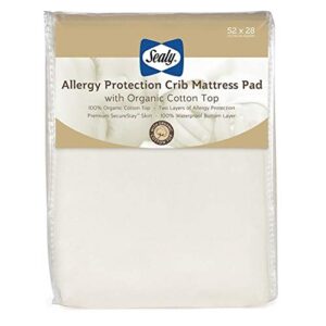 sealy organic cotton top cooling waterproof fitted toddler bed and baby crib mattress pad cover protector, noiseless, machine washable and dryer friendly, 52" x 28" - white