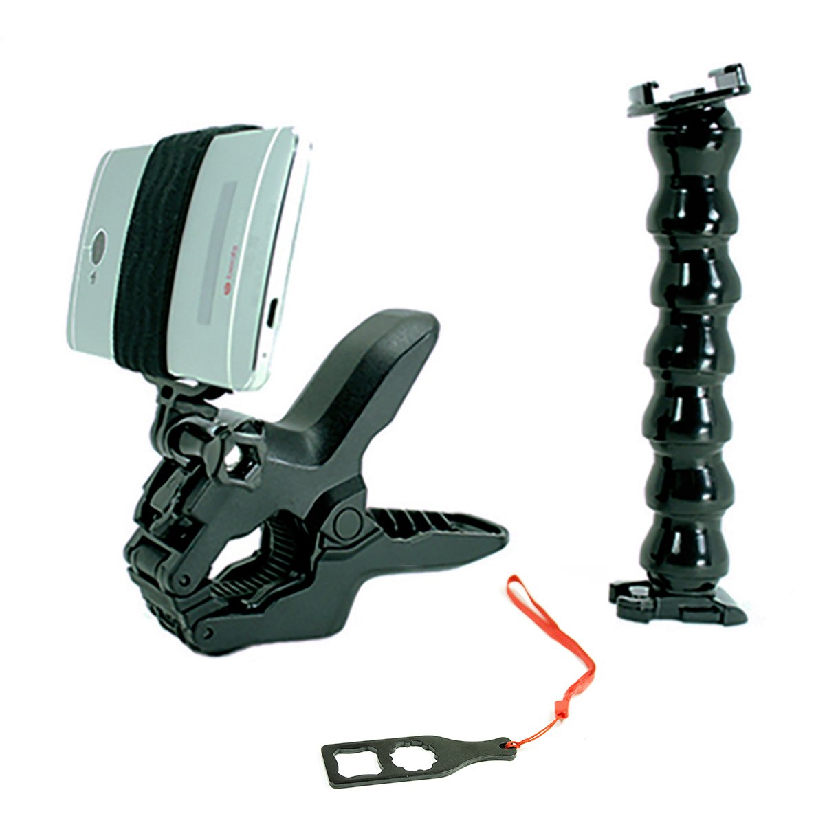 Action Mount Jaws Flex Clamp + Adjustable Goose Neck + Universal Mount Adapter for Smartphone, W/Base Clip & Screw. Use with a Phone, or Gopro Camera. Easy to Use!