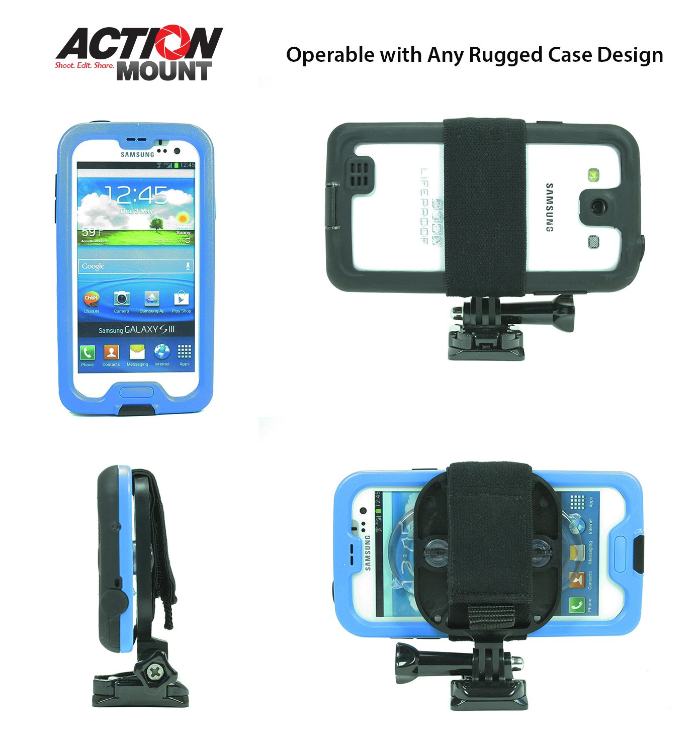Action Mount Jaws Flex Clamp + Adjustable Goose Neck + Universal Mount Adapter for Smartphone, W/Base Clip & Screw. Use with a Phone, or Gopro Camera. Easy to Use!