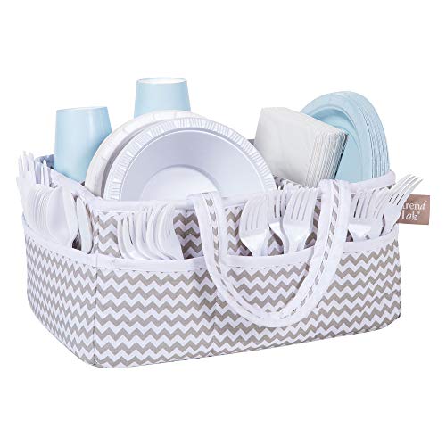 Dove Gray Chevron Storage Caddy - Chevron Print Body, Handles and Lining, Gray and White Trim, Gray and White, Two Handles, 12 in x 6 in x 8 in