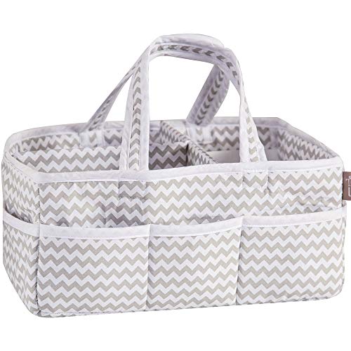 Dove Gray Chevron Storage Caddy - Chevron Print Body, Handles and Lining, Gray and White Trim, Gray and White, Two Handles, 12 in x 6 in x 8 in