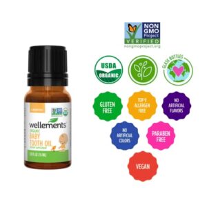 Wellements Organic Baby Tooth Oil, Gently Soothes Tiny Gums, Natural Teething Oil for Babies, Blend of Clove Oil, Spearmint Leaf & Olive Oil, No Benzocaine or Belladonna, 0.5 Fl Oz. 4 Months +