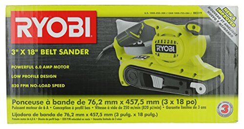 Ryobi BE319 6 Amp Portable 320 Feet / Minute Corded Belt Sander (3” x 18”) w/ Onboard Removable Dust Bag (Medium Grit Sanding Belt Included)