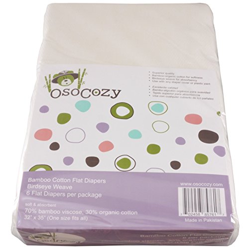 OsoCozy Bamboo/Organic Cotton Flat Cloth Diapers - Birdseye Weave - 32 x 35 Inch One-Layered Nappies, Super Soft 70% Bamboo, 30% Organic Cotton, Unbleached Natural Color. 6 Count