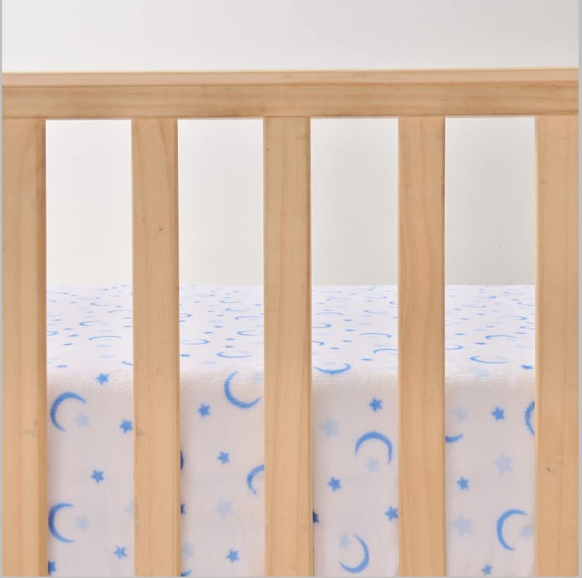 Cozy Fleece Microplush Crib Sheets, Blue/White with Moon and Stars