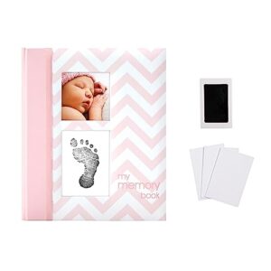 pearhead first 5 years chevron baby memory book with clean-touch baby safe ink pad to make baby's hand or footprint included, newborn milestone and pregnancy journal, pink