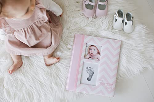 Pearhead First 5 Years Chevron Baby Memory Book With Clean-Touch Baby Safe Ink Pad To Make Baby's Hand Or Footprint Included, Newborn Milestone And Pregnancy Journal, Pink