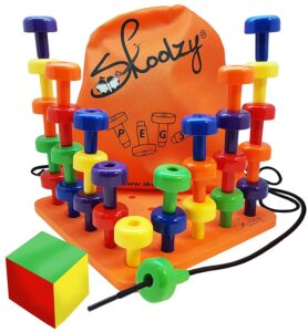 skoolzy montessori sensory peg board 34 piece set - develop sensory play occupational therapy stem learning educational toys for kids 2+ - includes foam board, lacing string, dice, storage bag, ebook