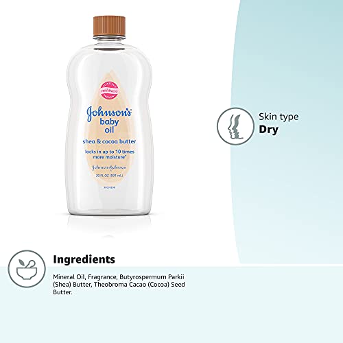 Johnson's Baby Oil, Mineral Oil Enriched with Shea & Cocoa Butter to Prevent Moisture Loss, Hypoallergenic, 20 fl. oz