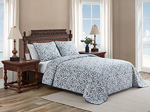 Tommy Bahama Home Quilt Set Reversible Cotton Bedding with Matchin Sham, All Season Home Decor, Twin, Cape Verde Smoke Grey/Blue