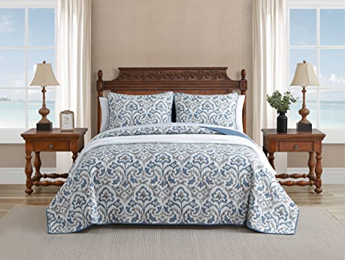 Tommy Bahama Home Quilt Set Reversible Cotton Bedding with Matchin Sham, All Season Home Decor, Twin, Cape Verde Smoke Grey/Blue