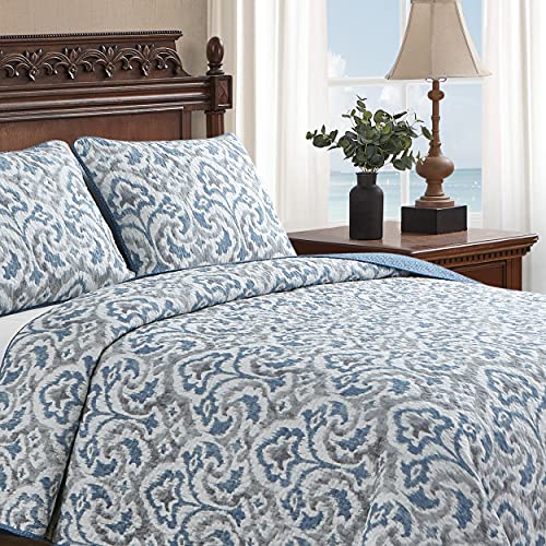 Tommy Bahama Home Quilt Set Reversible Cotton Bedding with Matchin Sham, All Season Home Decor, Twin, Cape Verde Smoke Grey/Blue