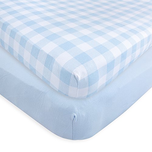 Touched by Nature Unisex Baby and Toddler Organic Cotton Crib Sheet, Plaid Solid Light Blue, One Size