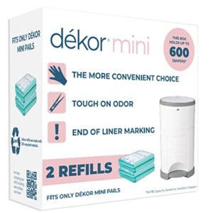 dekor mini diaper pail refills | 2 count | most economical refill system | quick & easy to replace | no preset bag size – use only what you need | exclusive end-of-liner marking | baby powder scent