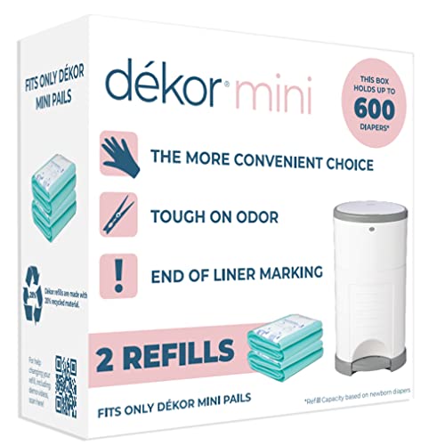 Dekor Mini Diaper Pail Refills | 2 Count | Most Economical Refill System | Quick & Easy to Replace | No Preset Bag Size – Use Only What You Need | Exclusive End-of-Liner Marking | Baby Powder Scent