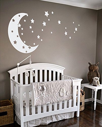 Moon and Stars Night Sky Vinyl Wall Art Decal Sticker Design for Nursery Room DIY Mural Decoration (White, 22x49 inches)