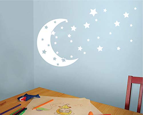 Moon and Stars Night Sky Vinyl Wall Art Decal Sticker Design for Nursery Room DIY Mural Decoration (White, 22x49 inches)